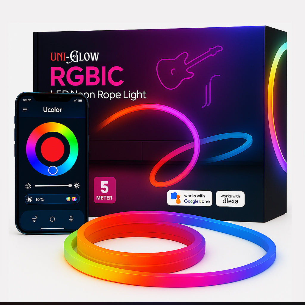 Uni Glow Smart RGB-IC Silicon Neon Strip Light (5M) | Dreamcolor LED Rope with Music Sync, DIY Effects, Remote + App Control | Works with Alexa &amp; Google